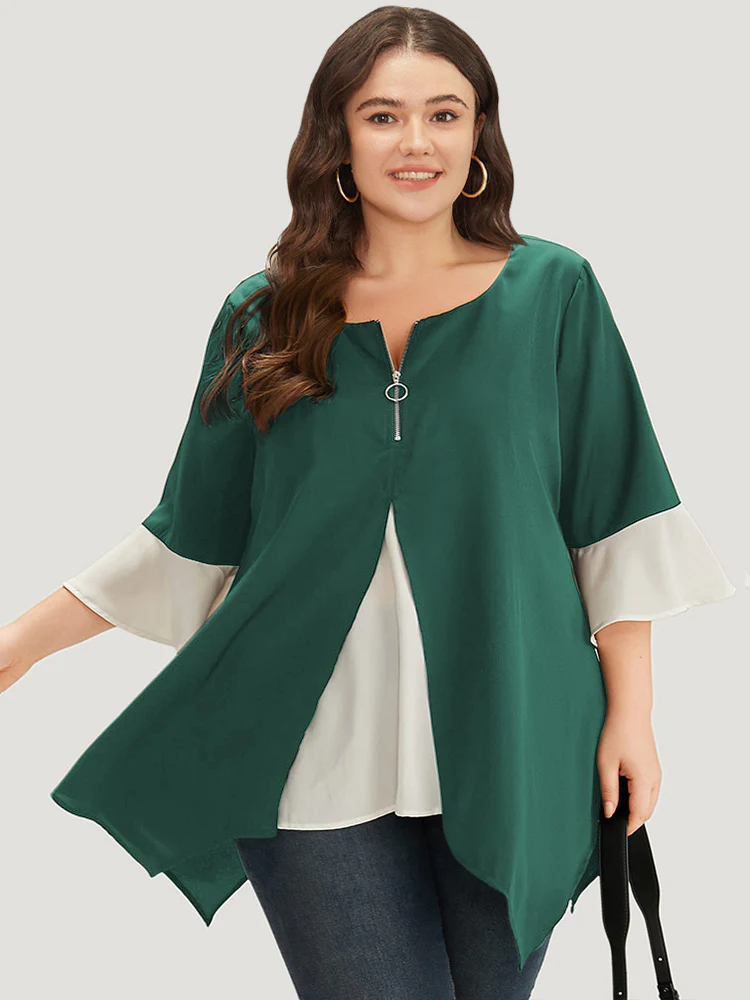 Anti-Wrinkle Contrast Zip Up Flutter Sleeve Hanky Hem Blouse - Image 5