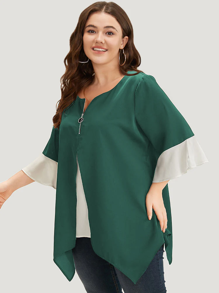 Anti-Wrinkle Contrast Zip Up Flutter Sleeve Hanky Hem Blouse - Image 6