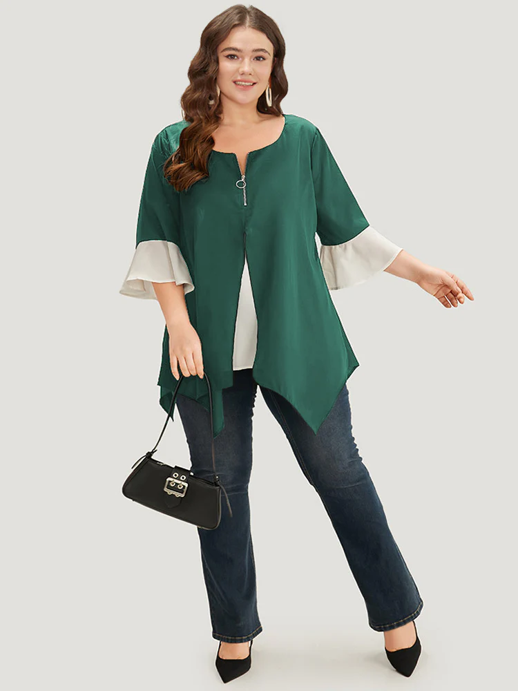 Anti-Wrinkle Contrast Zip Up Flutter Sleeve Hanky Hem Blouse - Image 7