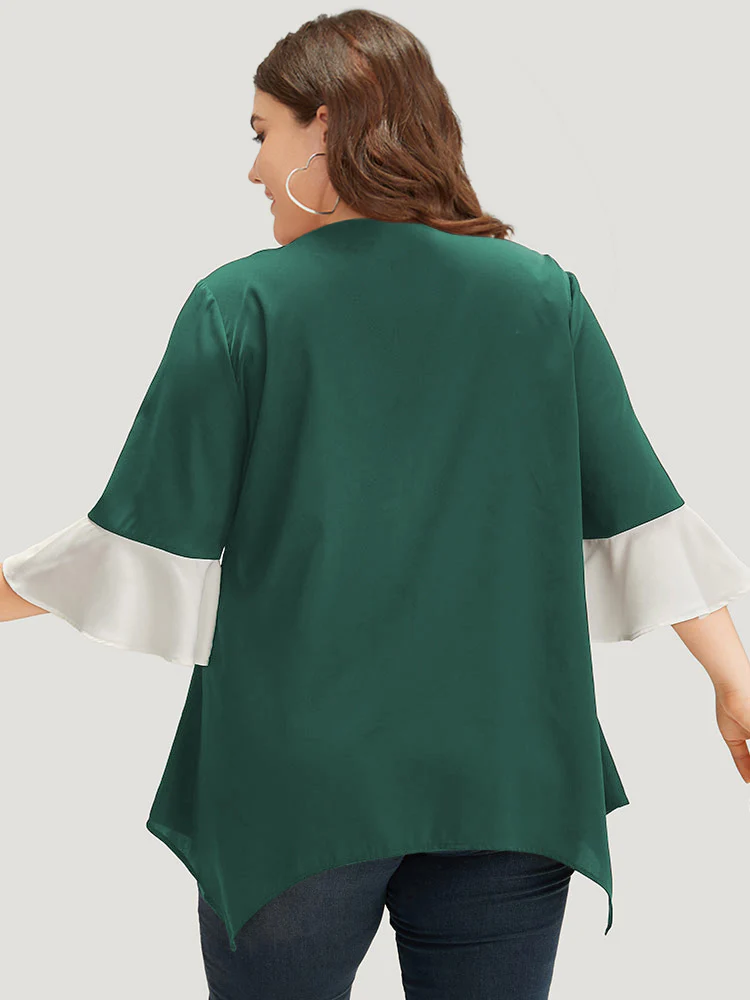 Anti-Wrinkle Contrast Zip Up Flutter Sleeve Hanky Hem Blouse - Image 8
