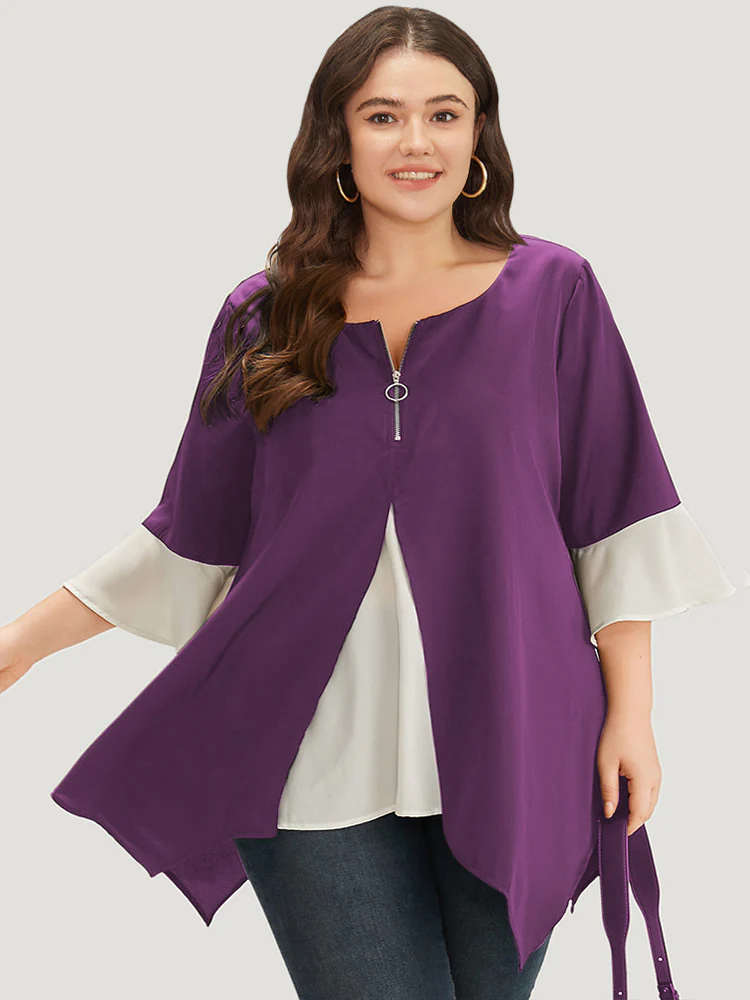 Anti-Wrinkle Contrast Zip Up Flutter Sleeve Hanky Hem Blouse - Image 9