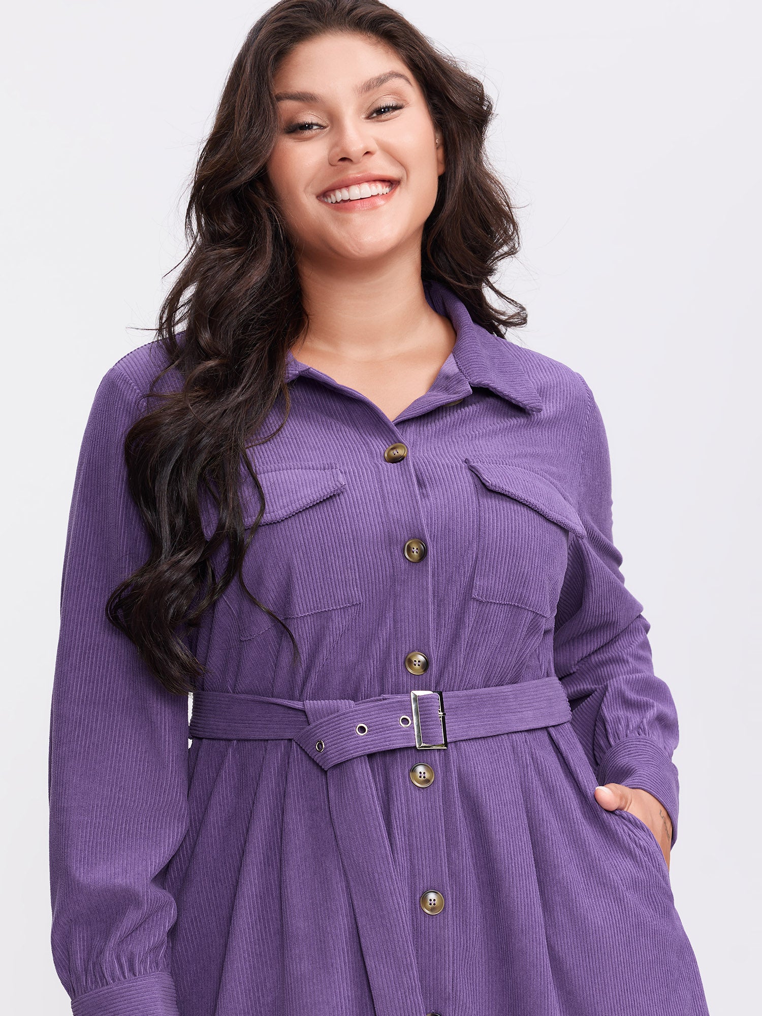 Corduroy Button-Front Belted Shirt Mini Dress - Image 2