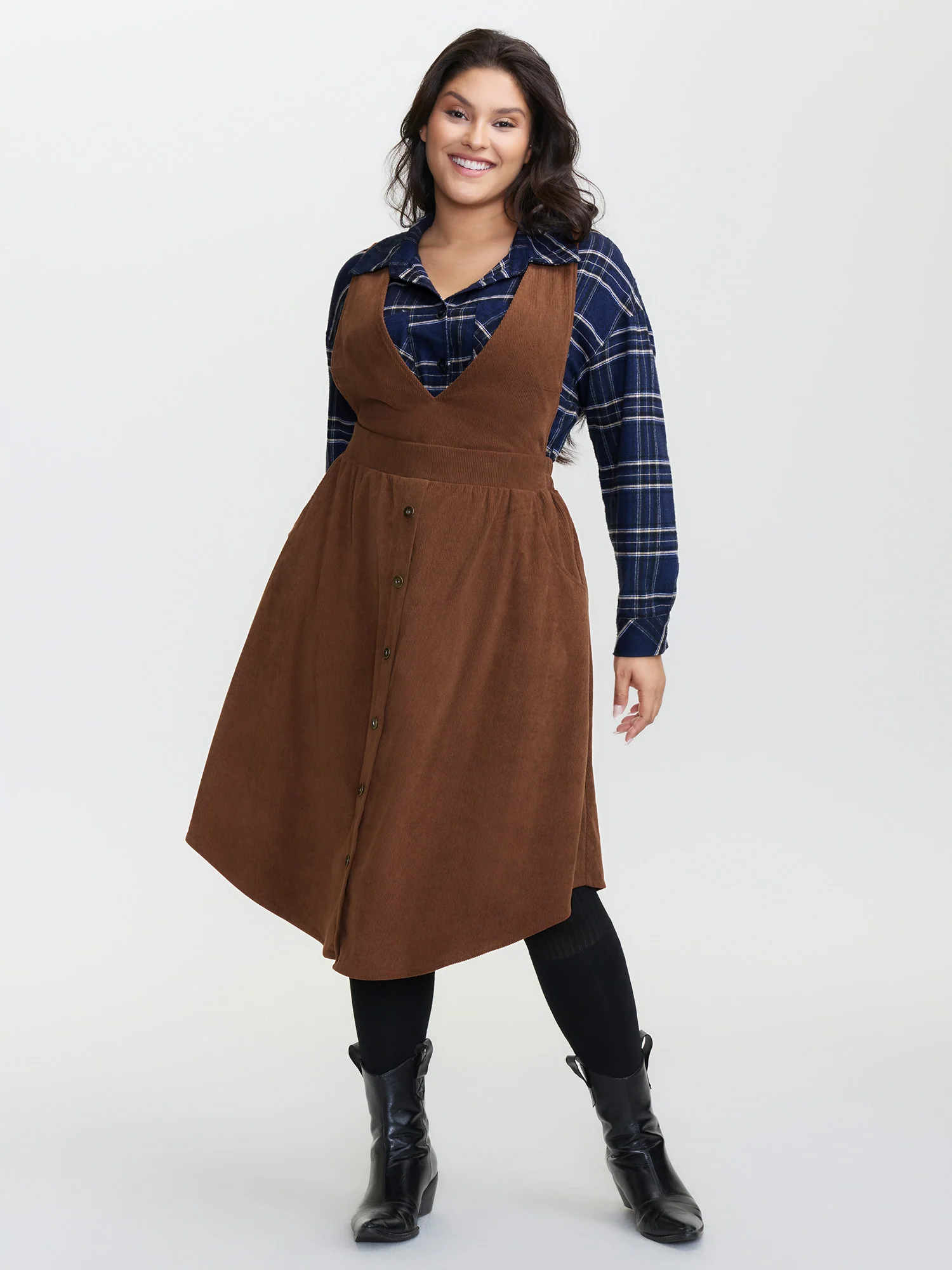 Corduroy Deep V-Neck Adjustable Midi Dress - Image 3