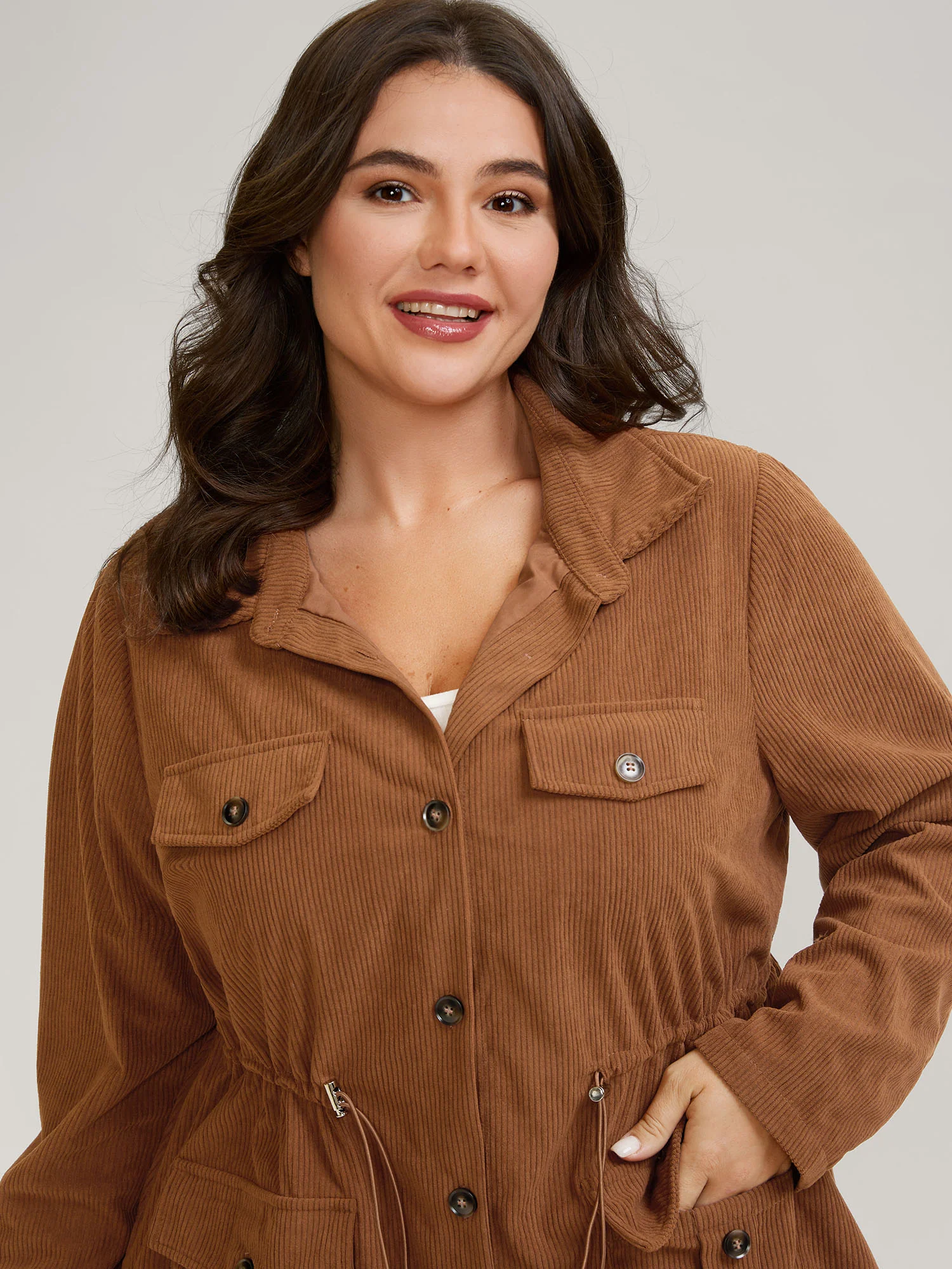 Corduroy Drawstring Adjustable Button Jacket - Image 2