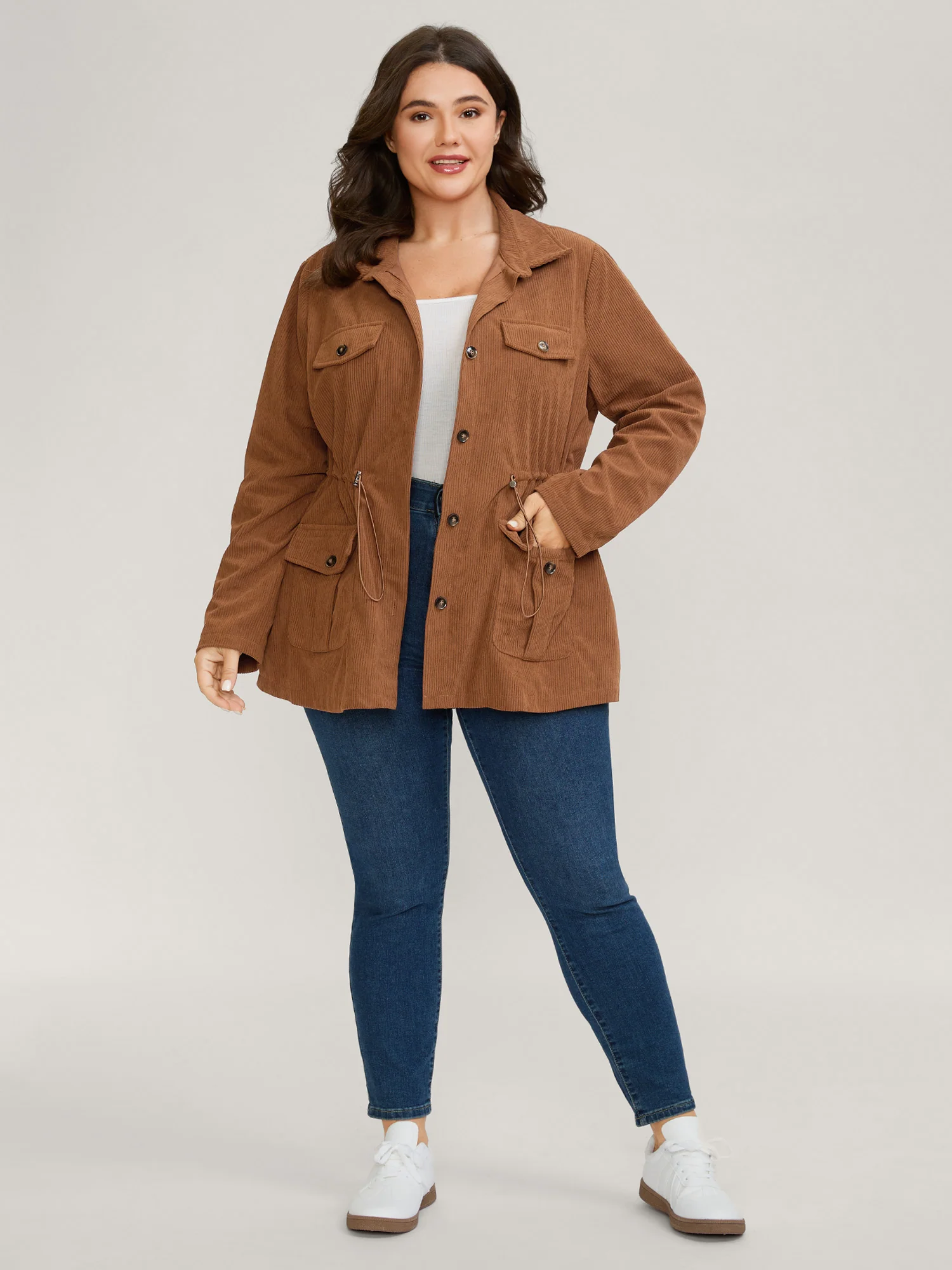 Corduroy Drawstring Adjustable Button Jacket - Image 3
