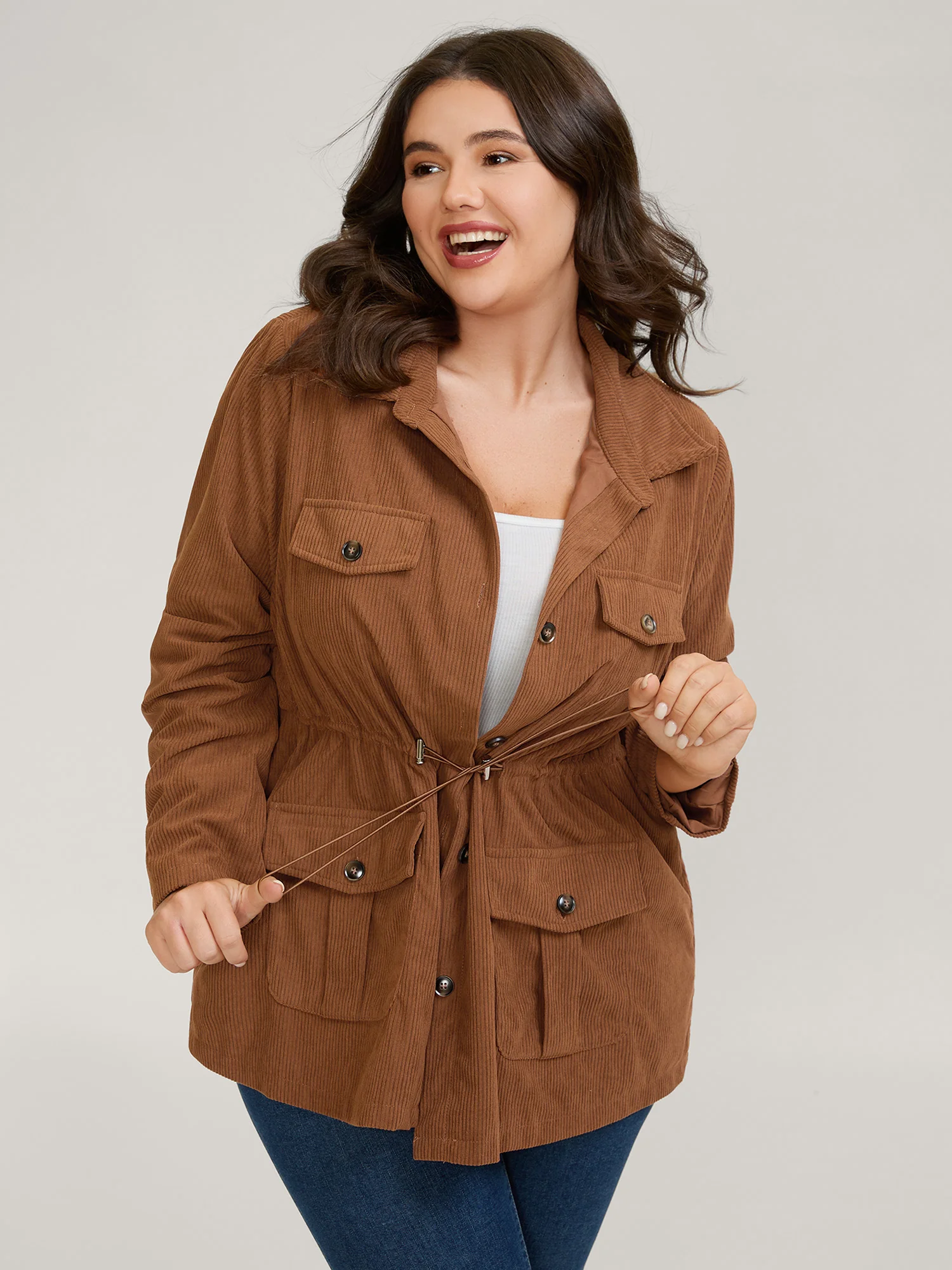Corduroy Drawstring Adjustable Button Jacket - Image 4