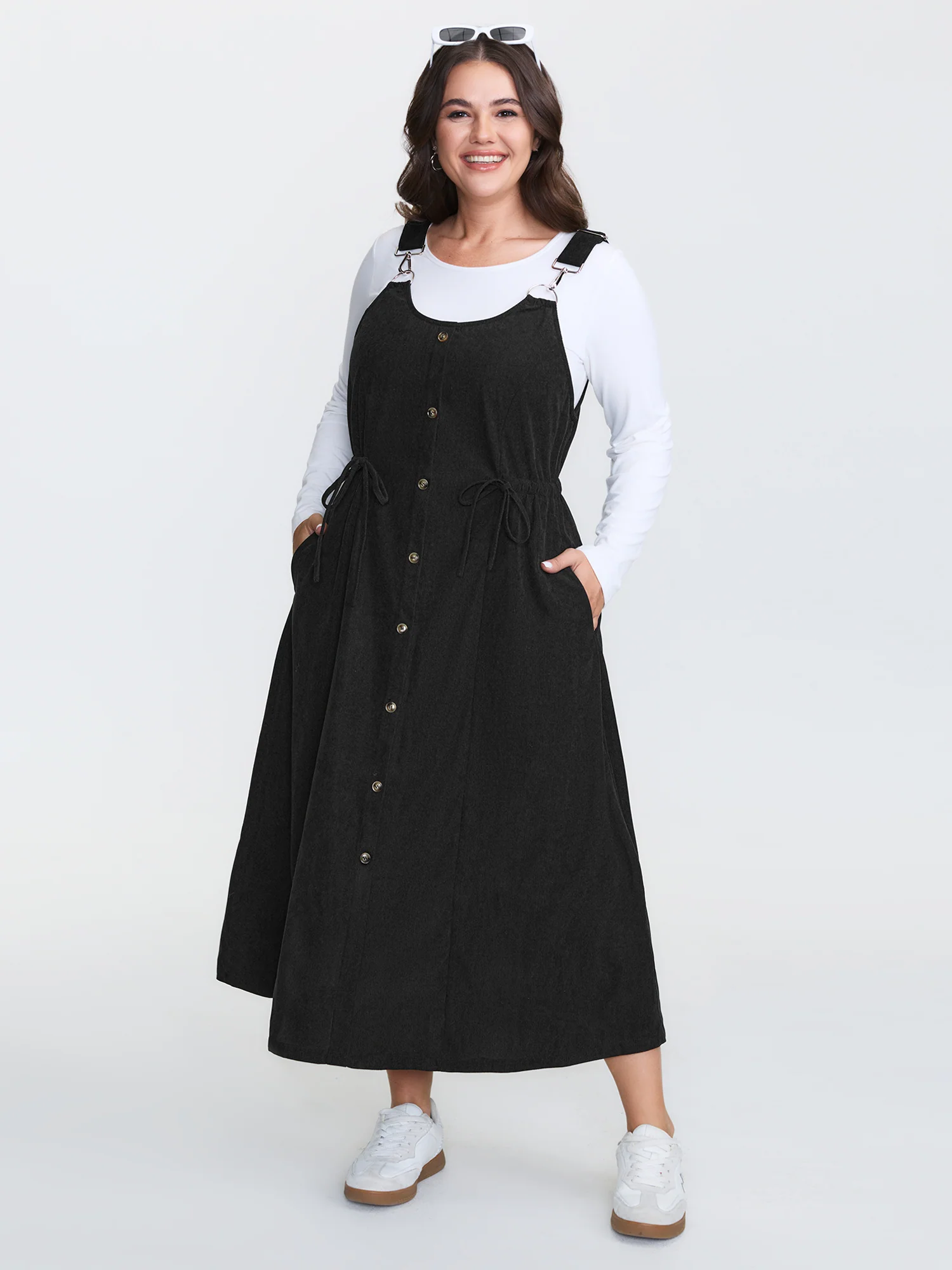 Corduroy Drawstring Waist Pockets Midi Dress - Image 2