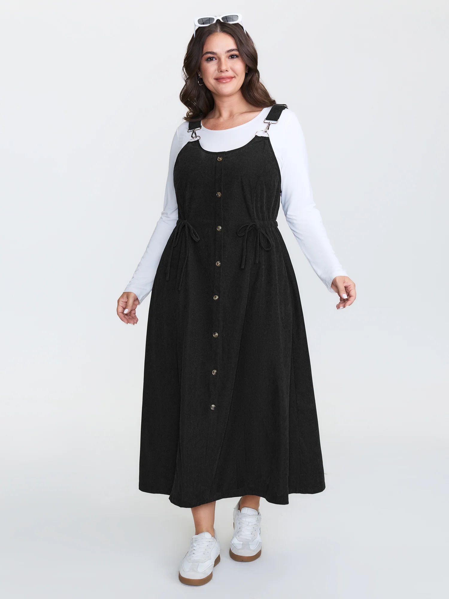 Corduroy Drawstring Waist Pockets Midi Dress - Image 3