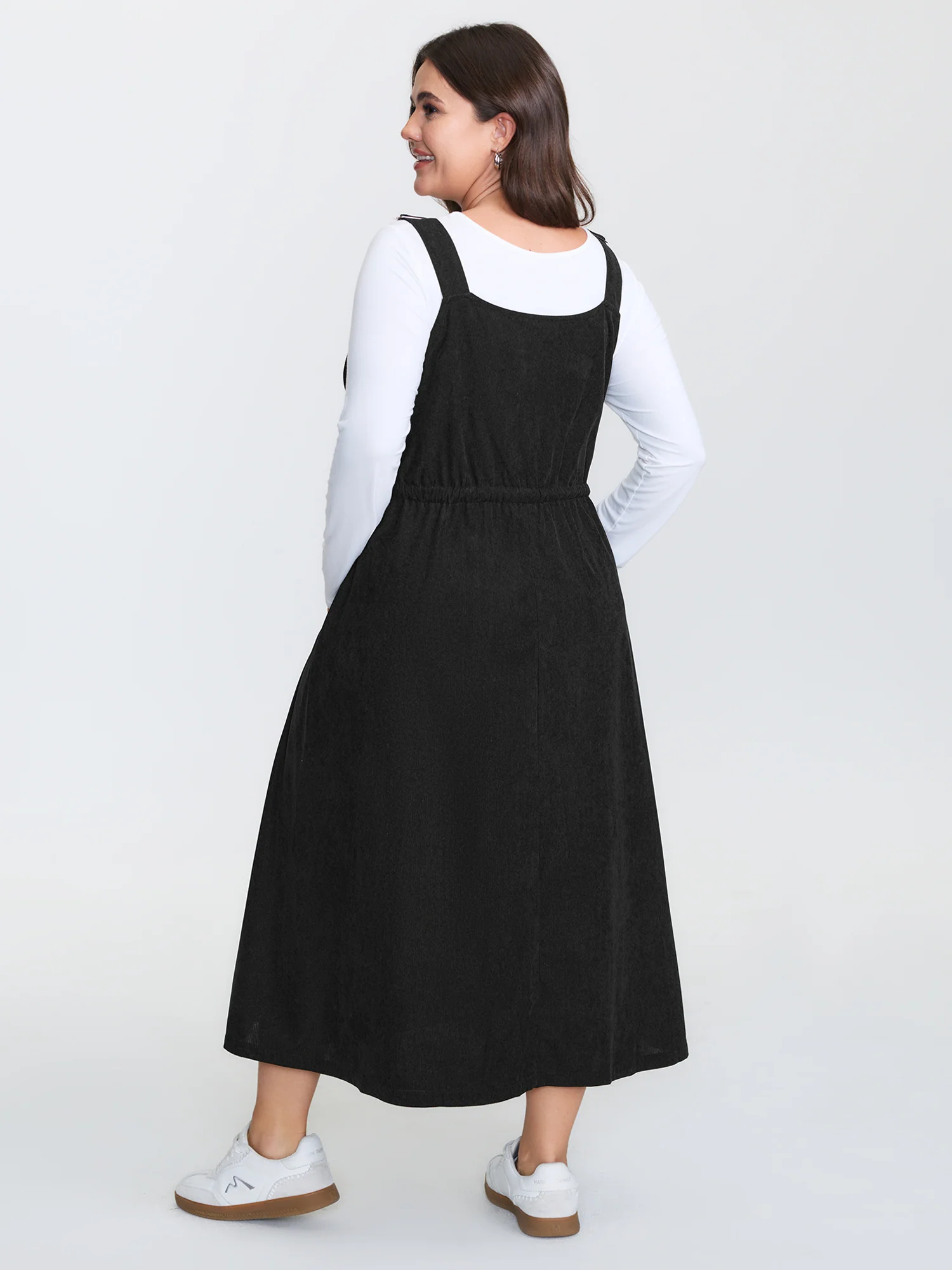 Corduroy Drawstring Waist Pockets Midi Dress - Image 4