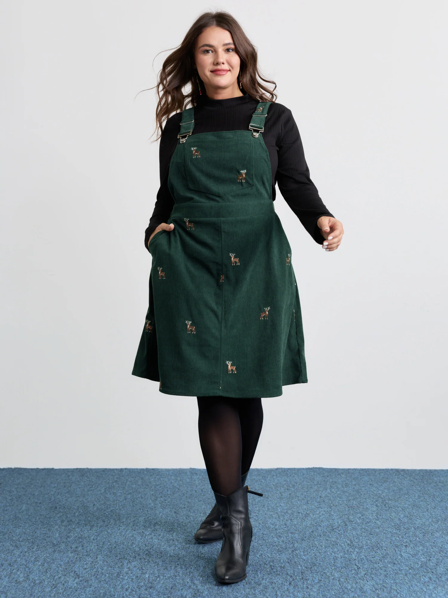 Corduroy Embroidered Adjustable Straps Knee Dress - Image 3