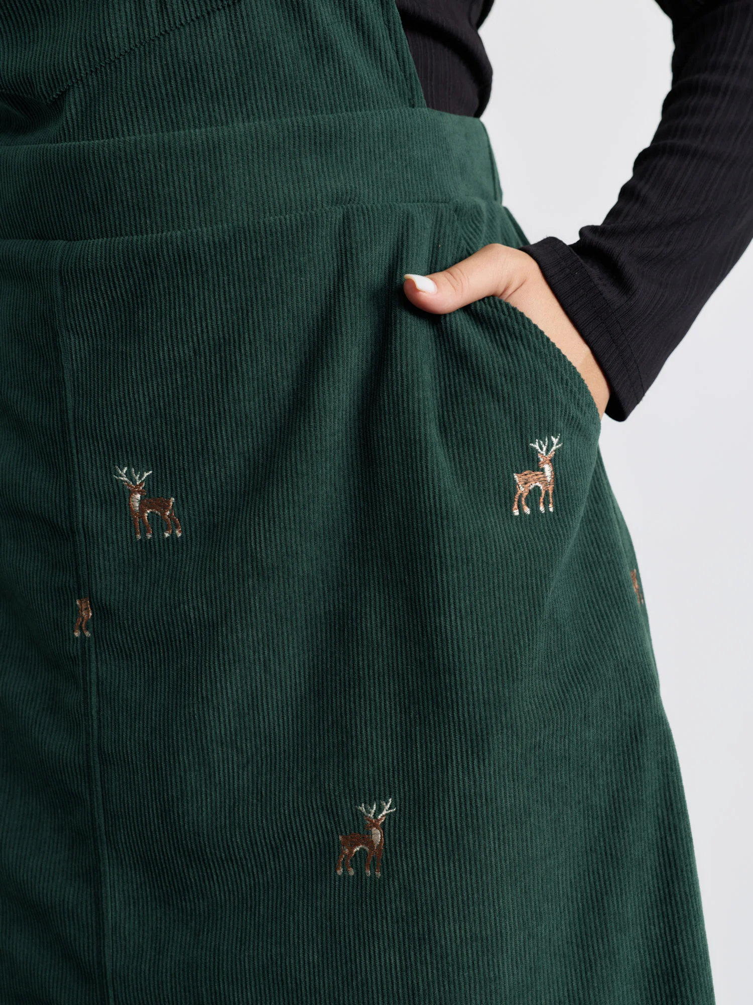 Corduroy Embroidered Adjustable Straps Knee Dress - Image 4