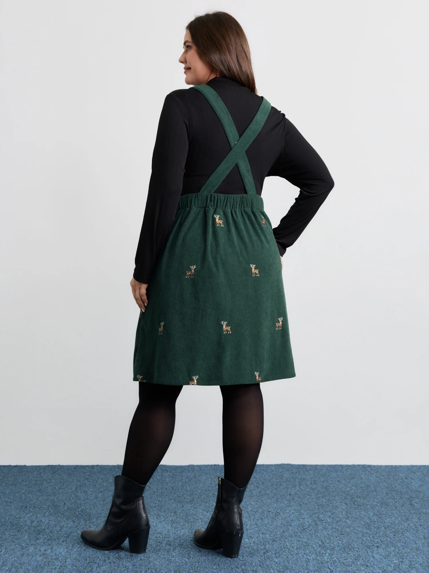Corduroy Embroidered Adjustable Straps Knee Dress - Image 5