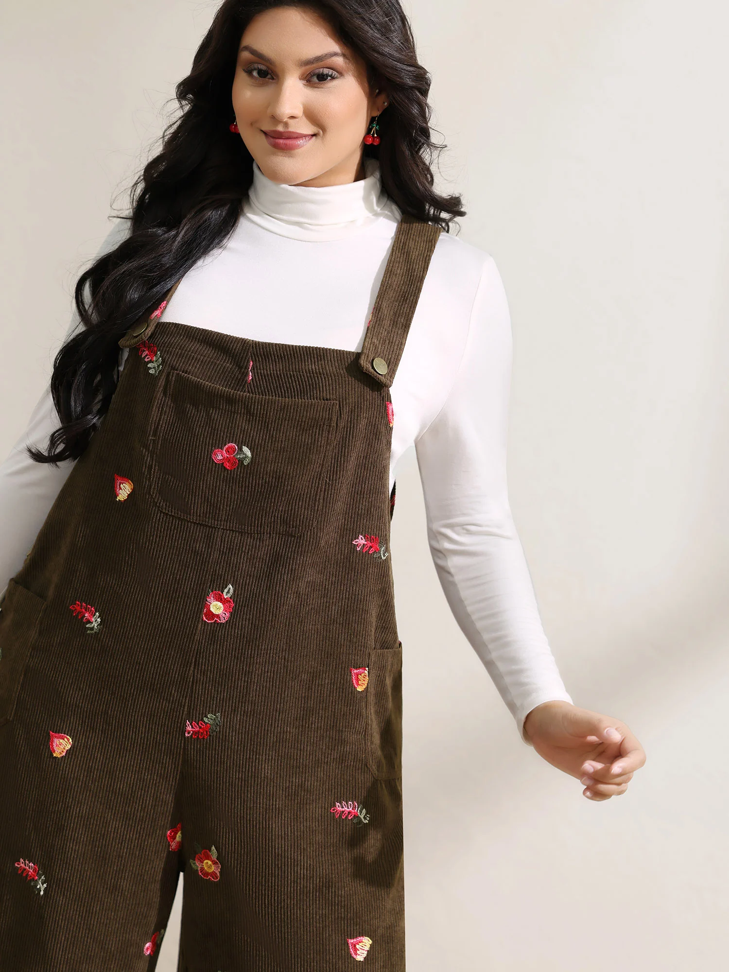 Corduroy Embroidered Patch Pocket Overall Jumpsuit - Image 2