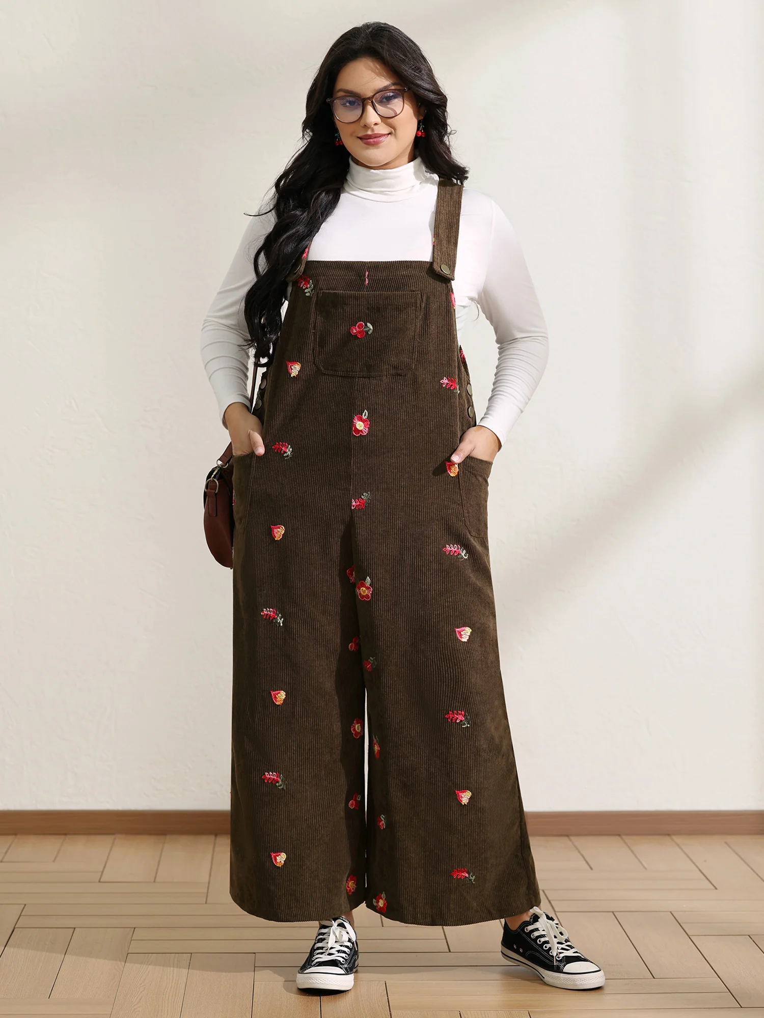 Corduroy Embroidered Patch Pocket Overall Jumpsuit - Image 3
