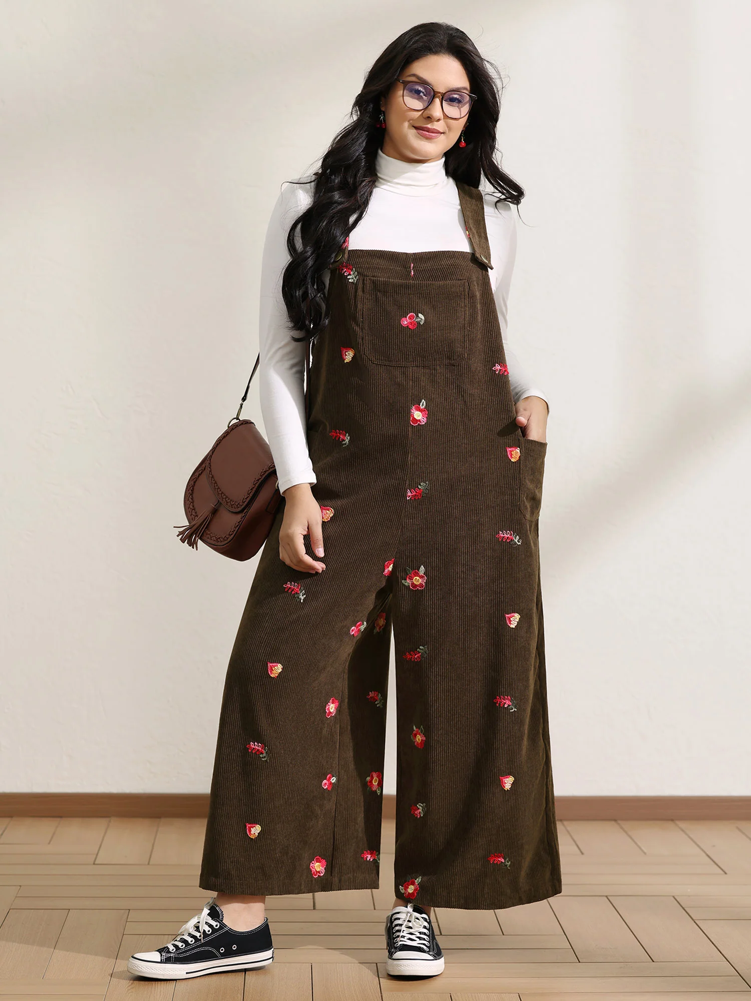 Corduroy Embroidered Patch Pocket Overall Jumpsuit - Image 4