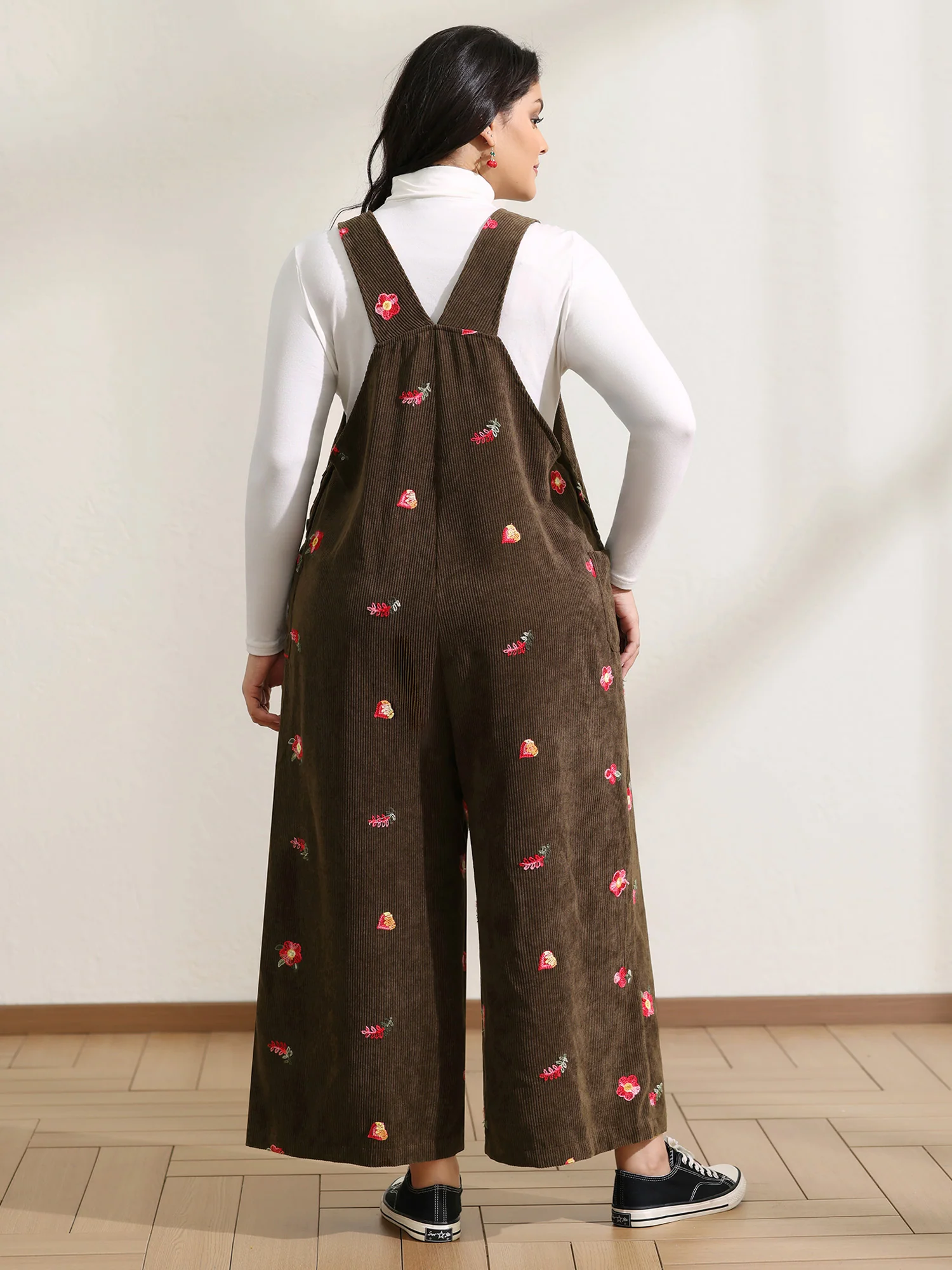 Corduroy Embroidered Patch Pocket Overall Jumpsuit - Image 5
