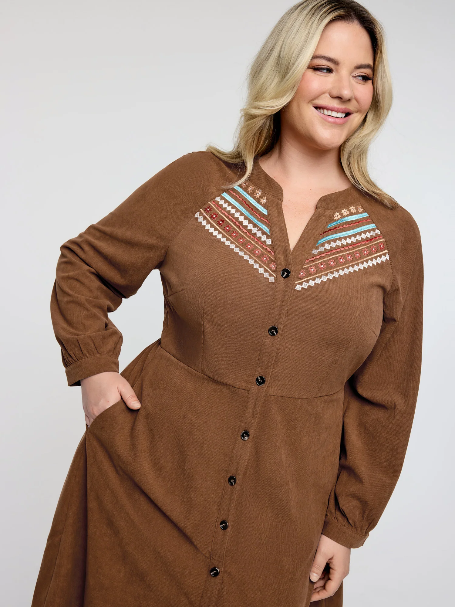 Corduroy Embroidered Pockets Button Midi Dress - Image 2
