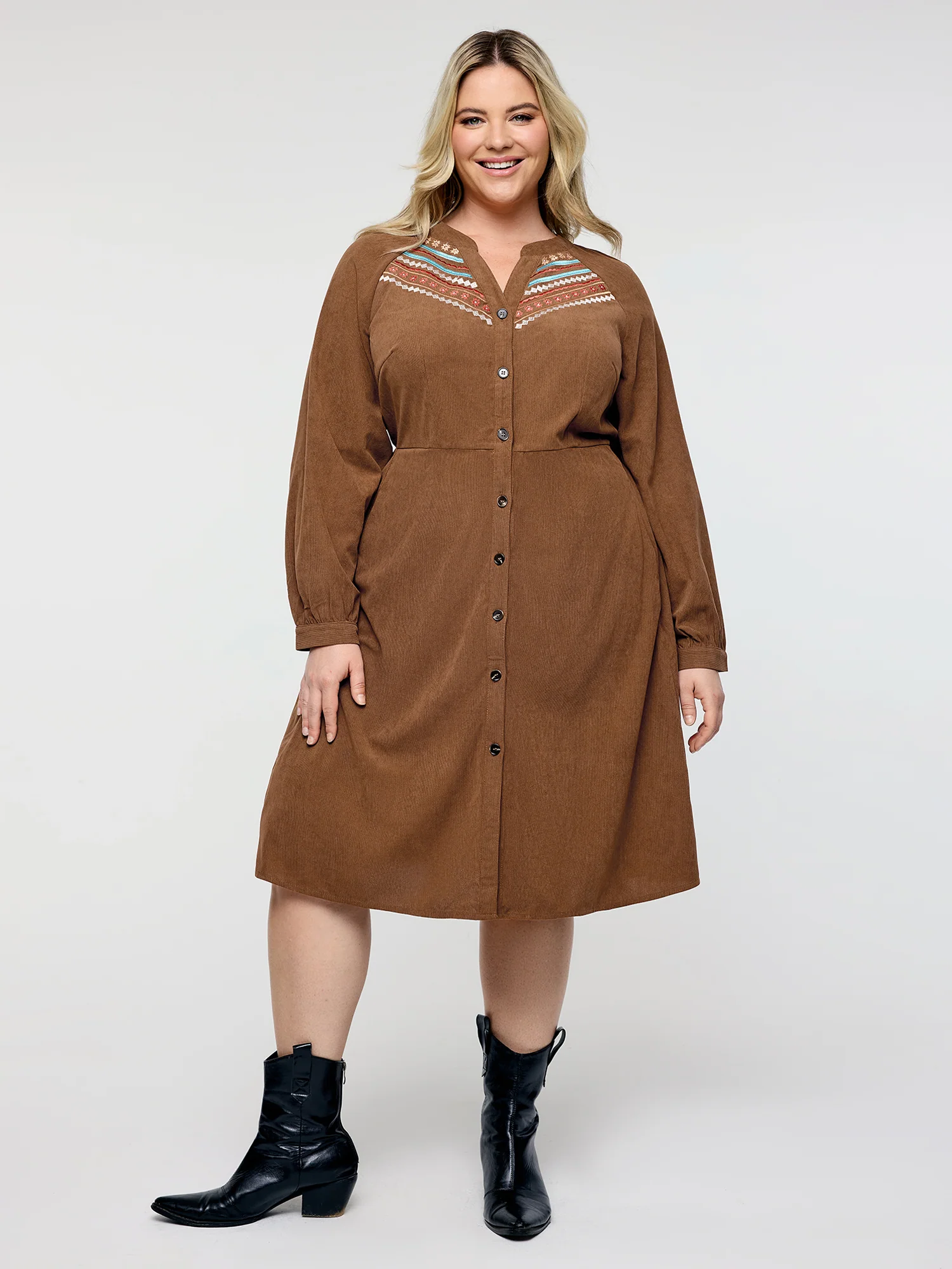 Corduroy Embroidered Pockets Button Midi Dress - Image 3