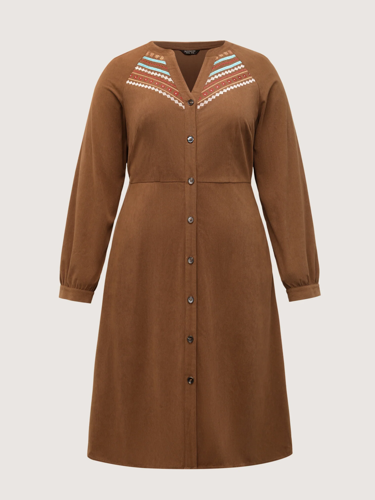Corduroy Embroidered Pockets Button Midi Dress - Image 7