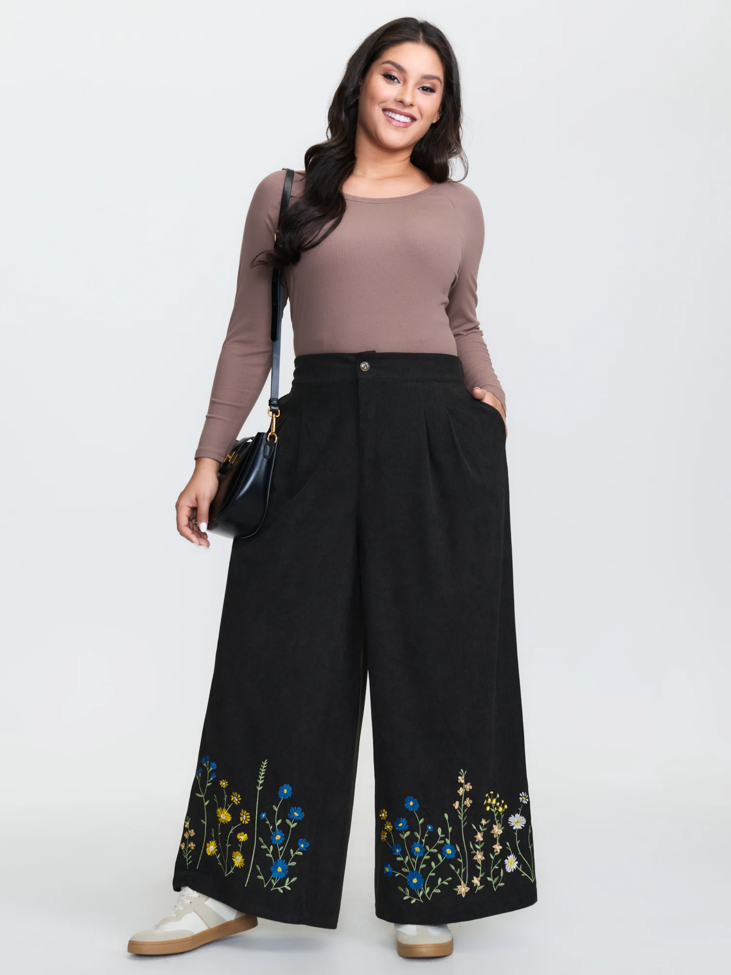 Corduroy Floral Embroidered Hem Wide-Leg Pants - Image 2