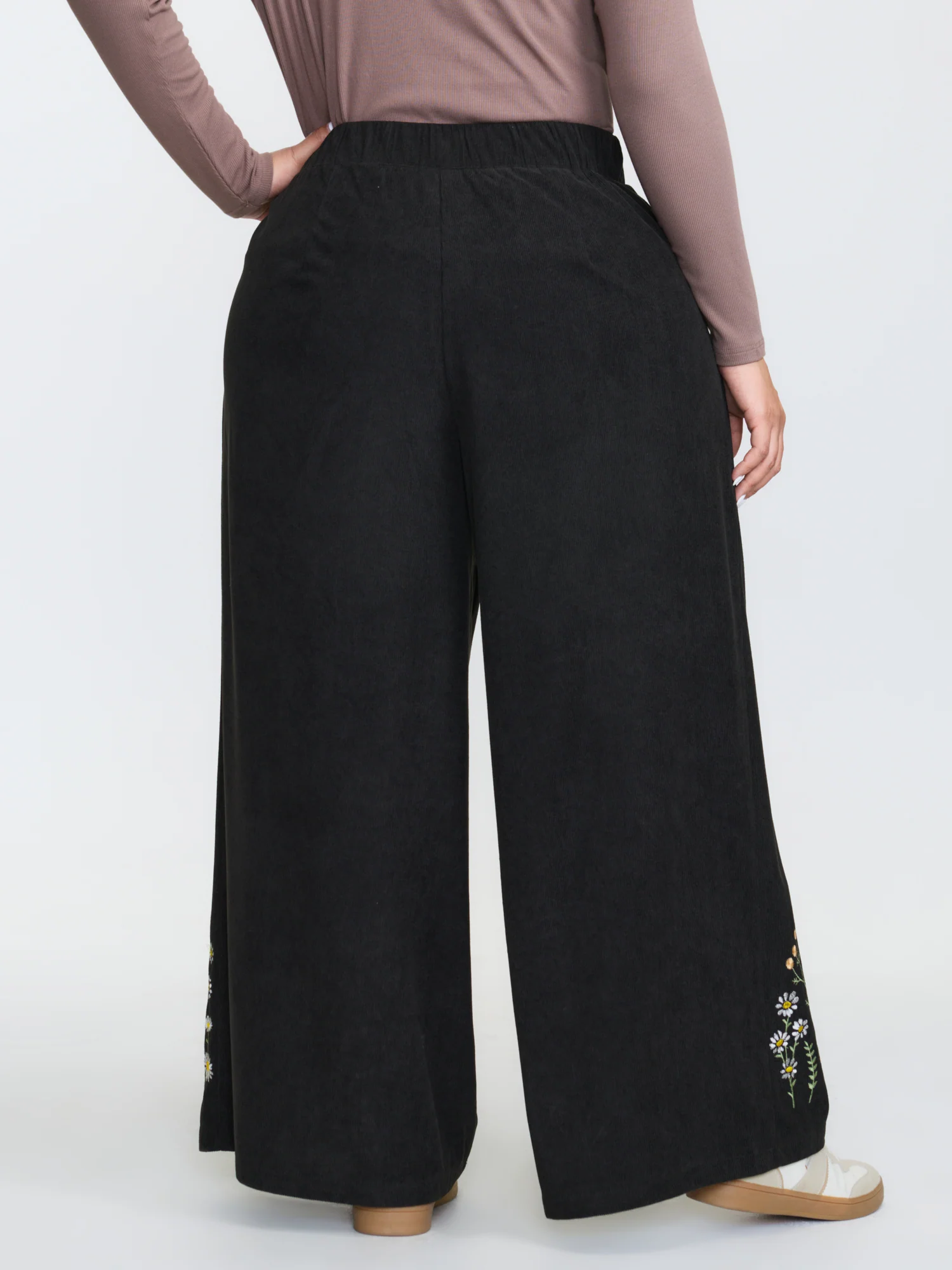 Corduroy Floral Embroidered Hem Wide-Leg Pants - Image 6