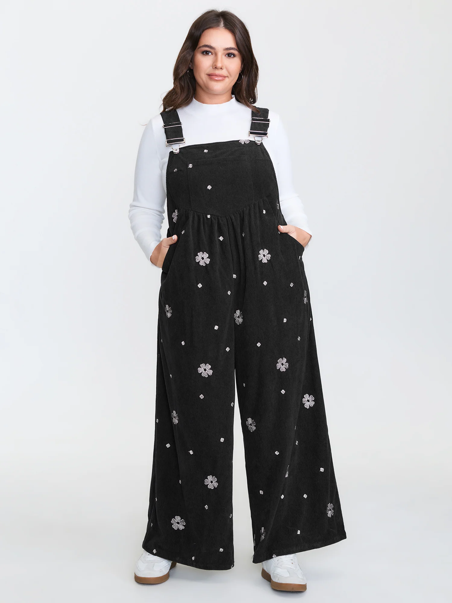 Corduroy Floral Embroidered Overall Jumpsuit - Image 3