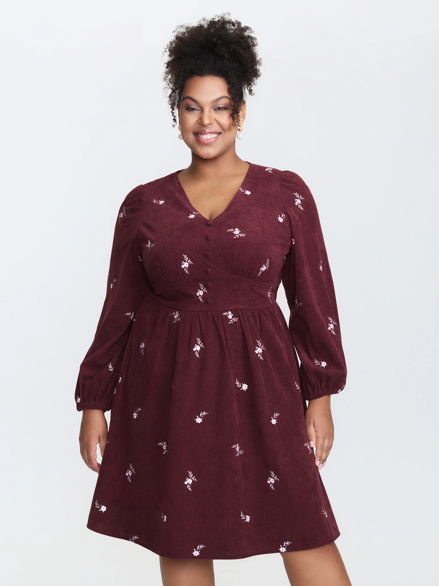 Corduroy Floral Embroidery Cinched-Waist Midi Dress - Image 2