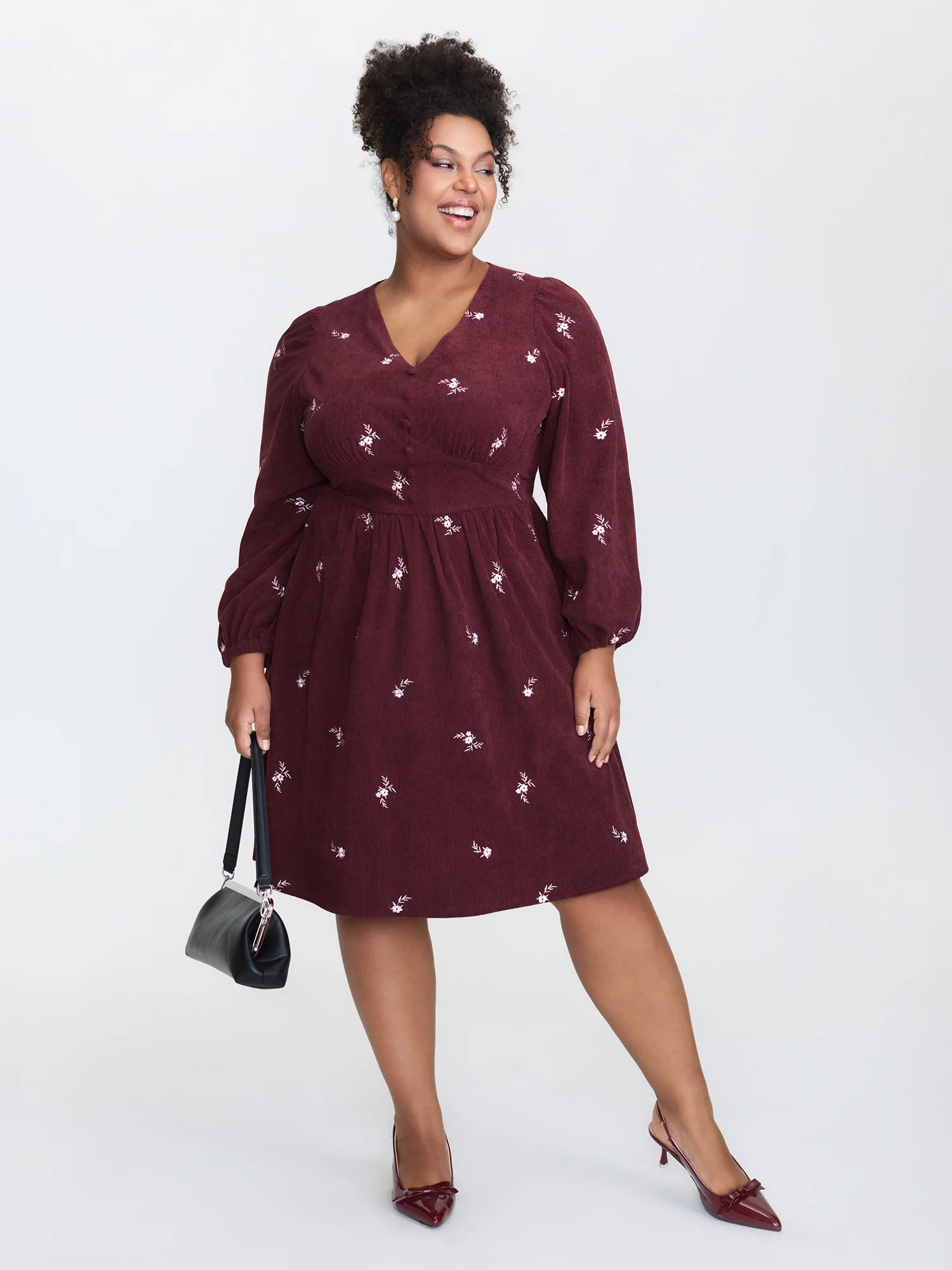 Corduroy Floral Embroidery Cinched-Waist Midi Dress - Image 3