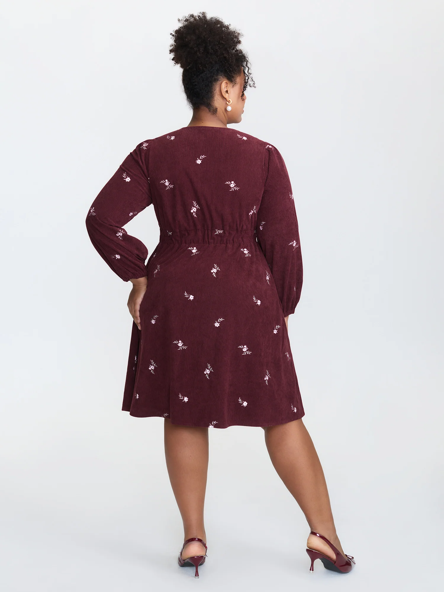 Corduroy Floral Embroidery Cinched-Waist Midi Dress - Image 4
