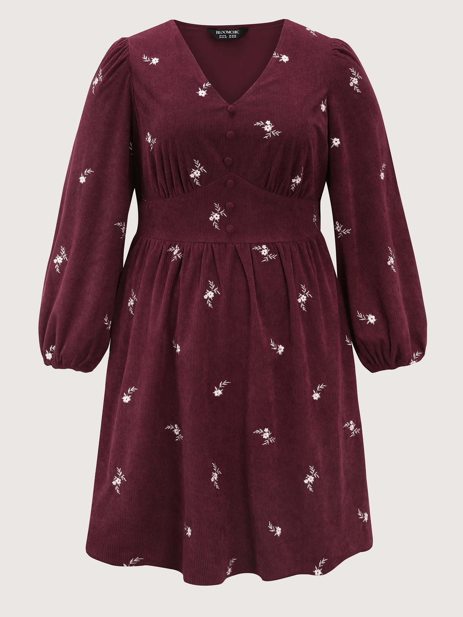 Corduroy Floral Embroidery Cinched-Waist Midi Dress - Image 5