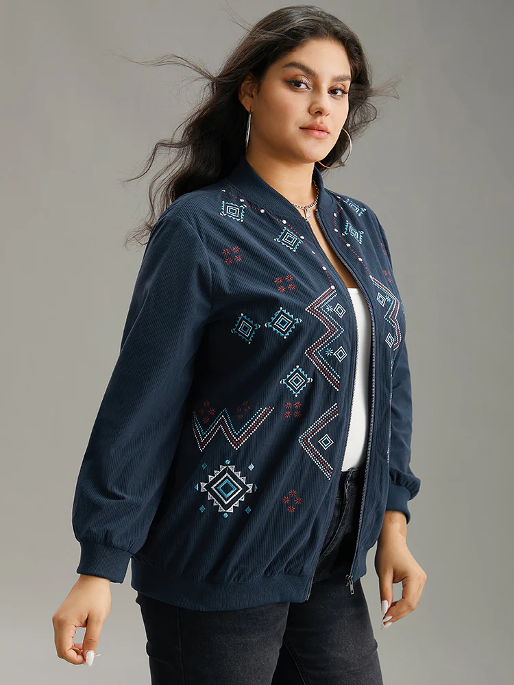 Corduroy Geo Embroidered Zipper Fly Jacket - Image 3