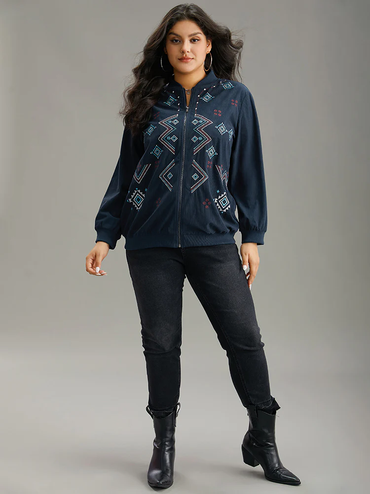 Corduroy Geo Embroidered Zipper Fly Jacket - Image 4