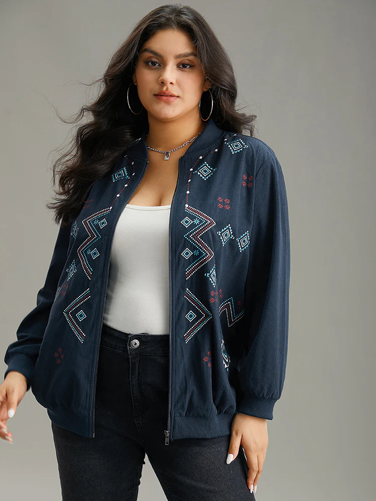Corduroy Geo Embroidered Zipper Fly Jacket - Image 5