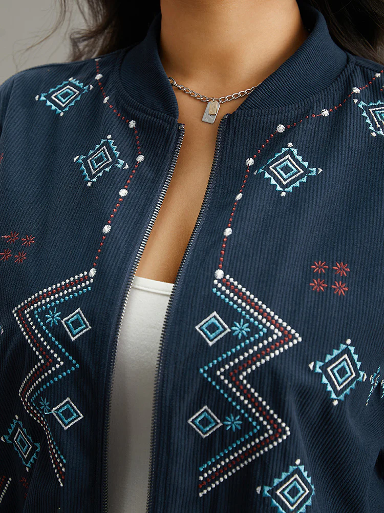 Corduroy Geo Embroidered Zipper Fly Jacket - Image 6