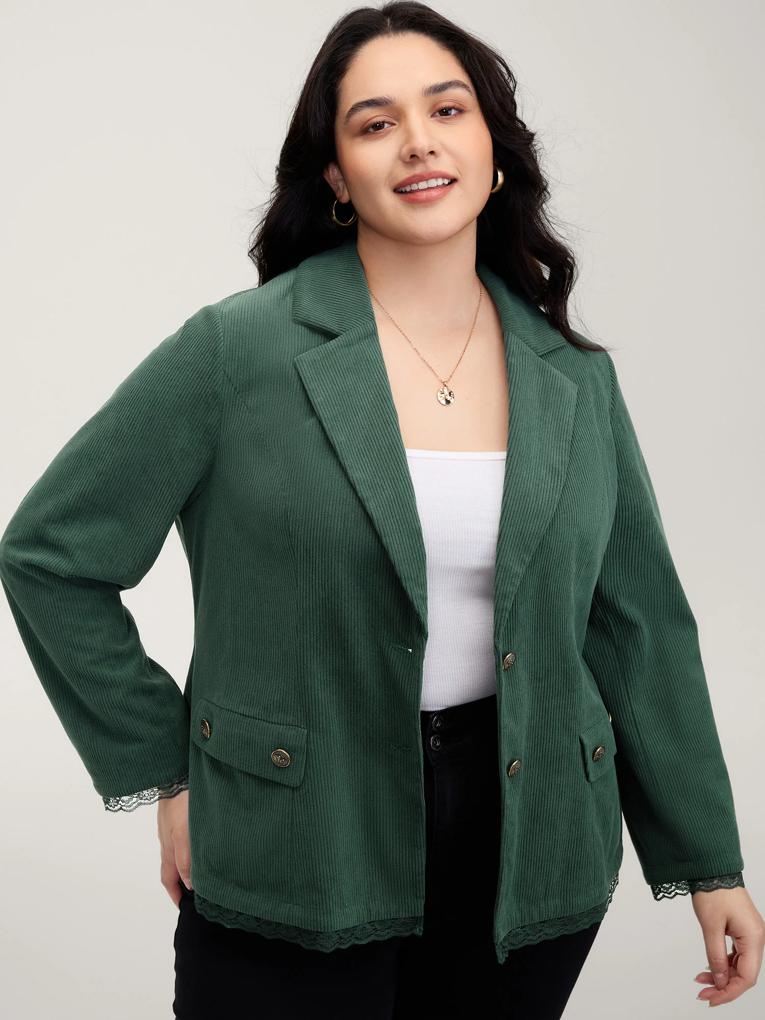 Corduroy Lace Trim Button Detail Blazer