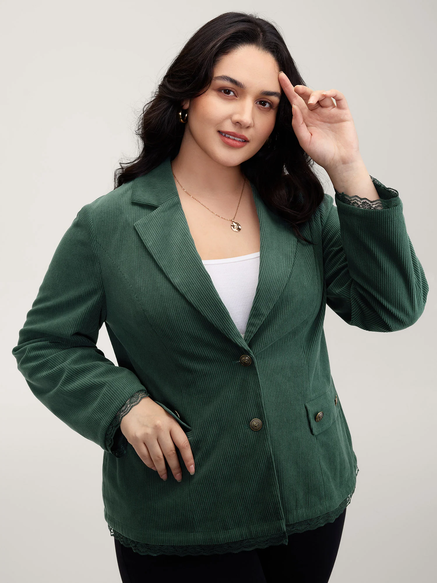 Corduroy Lace Trim Button Detail Blazer - Image 2