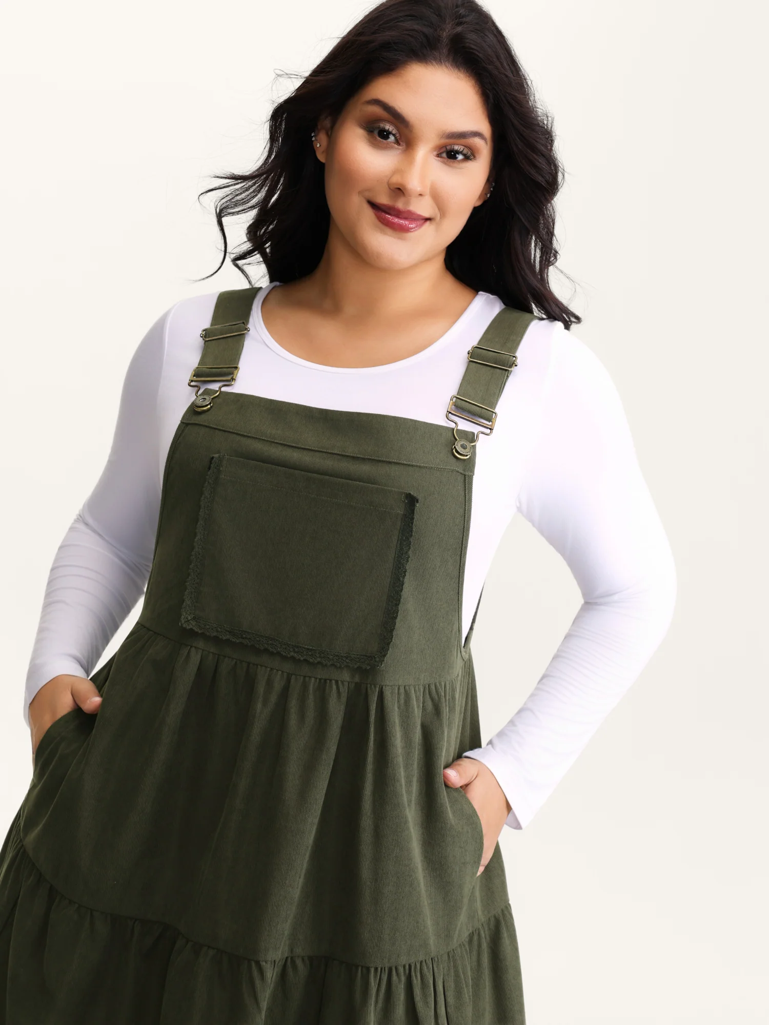 Corduroy Lace Trim Overall Strap Mini Dress - Image 2