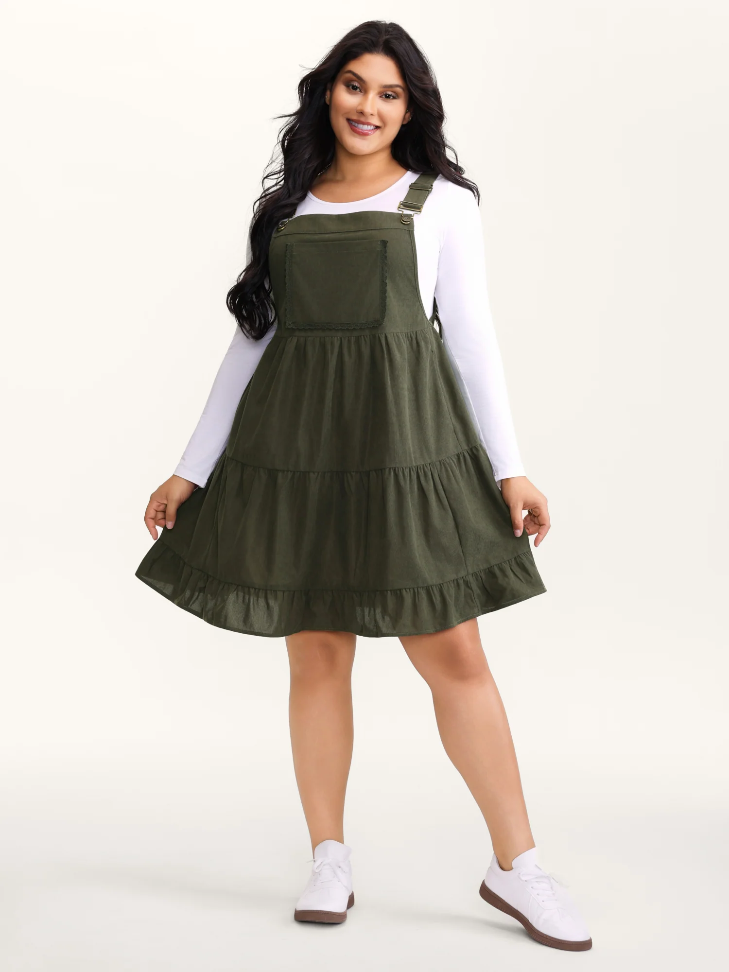 Corduroy Lace Trim Overall Strap Mini Dress - Image 3
