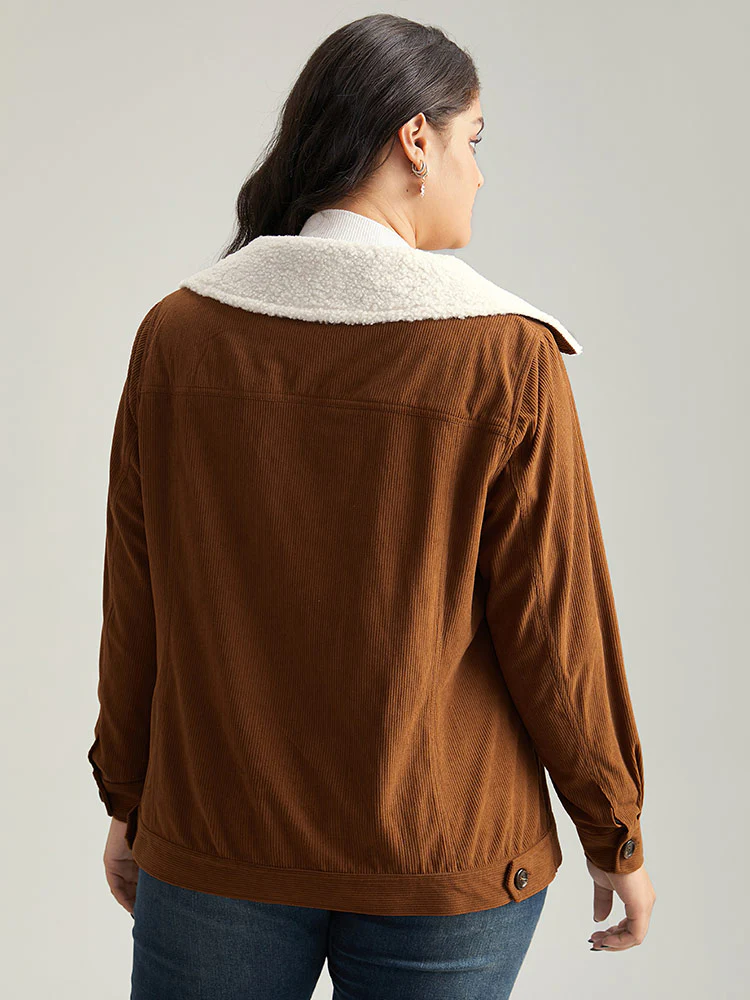 Corduroy Lapel Collar Fuzzy Patchwork Button Fly Coat - Image 2