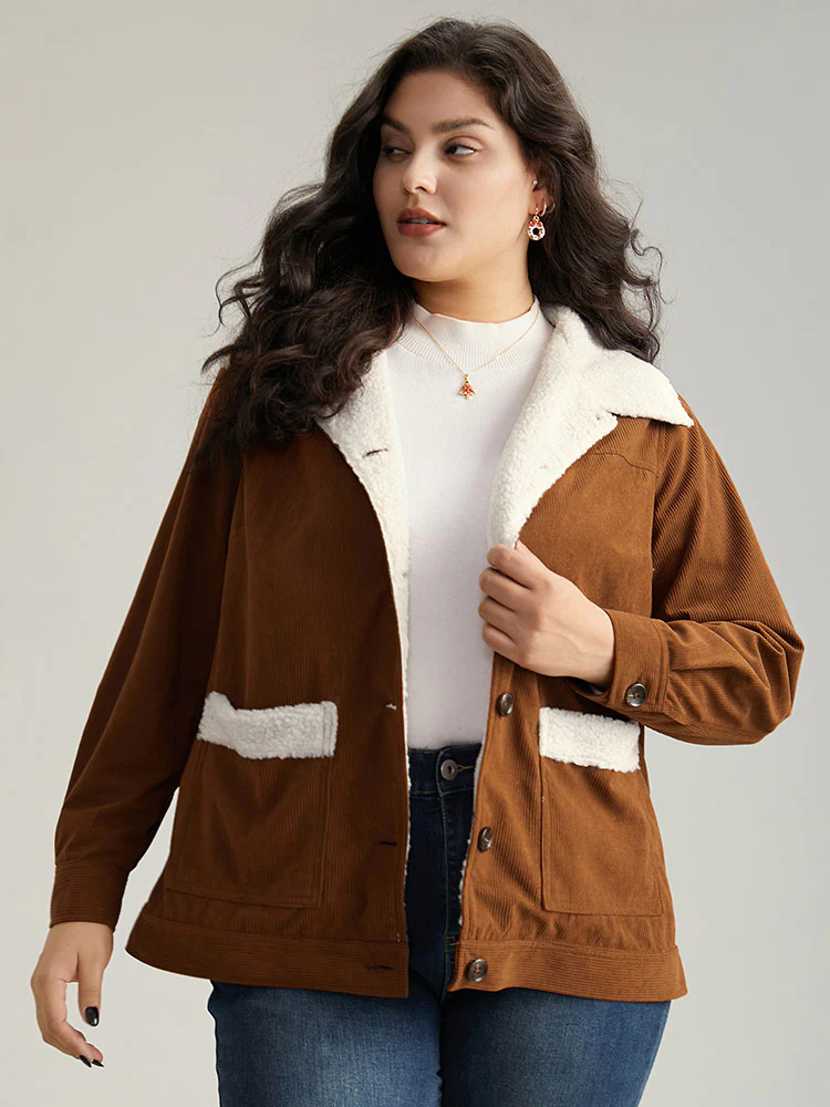 Corduroy Lapel Collar Fuzzy Patchwork Button Fly Coat - Image 3
