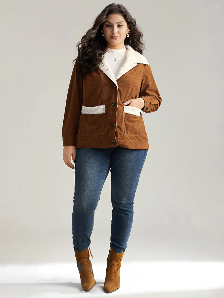 Corduroy Lapel Collar Fuzzy Patchwork Button Fly Coat - Image 4