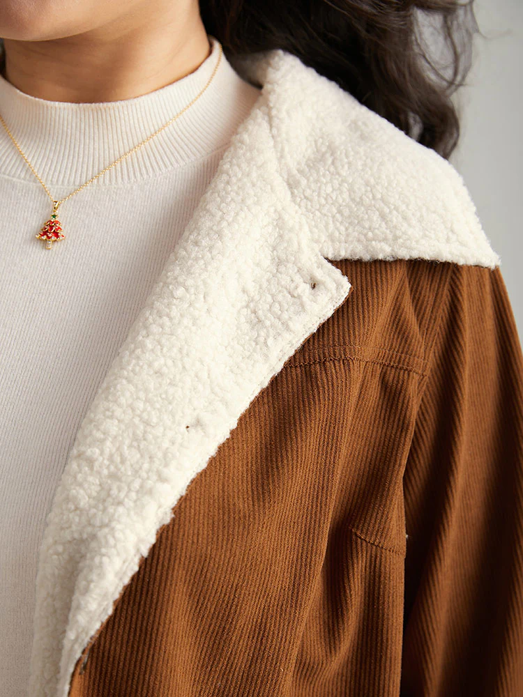 Corduroy Lapel Collar Fuzzy Patchwork Button Fly Coat - Image 5