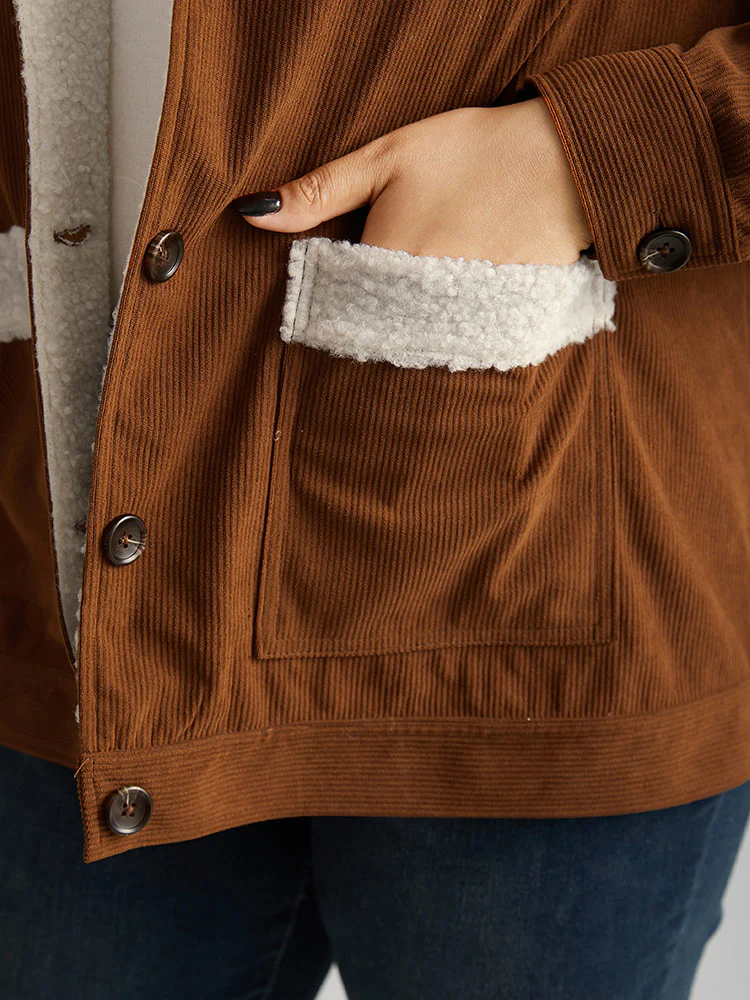 Corduroy Lapel Collar Fuzzy Patchwork Button Fly Coat - Image 6