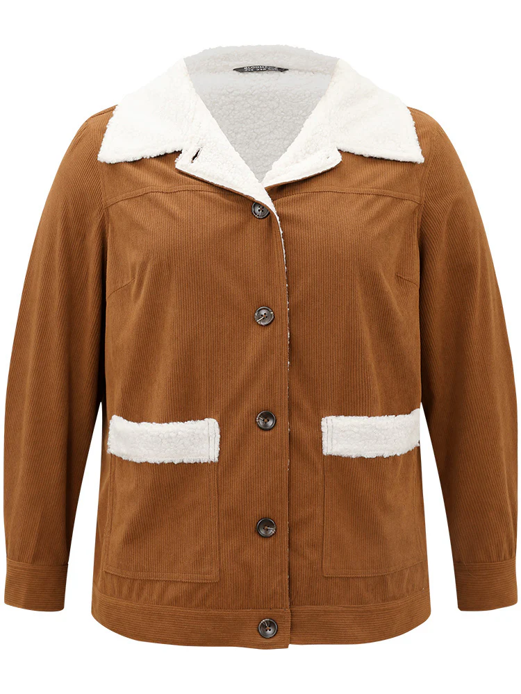 Corduroy Lapel Collar Fuzzy Patchwork Button Fly Coat - Image 7