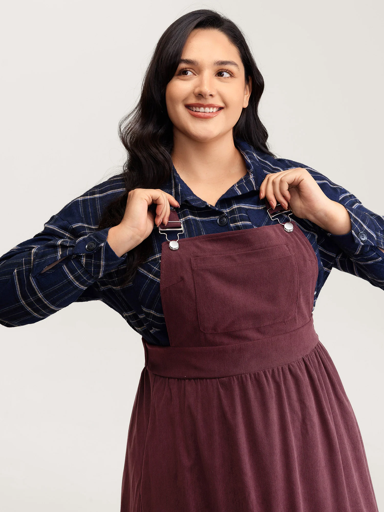 Corduroy Overall Straps Stretchy Back Midi Dress - Image 2