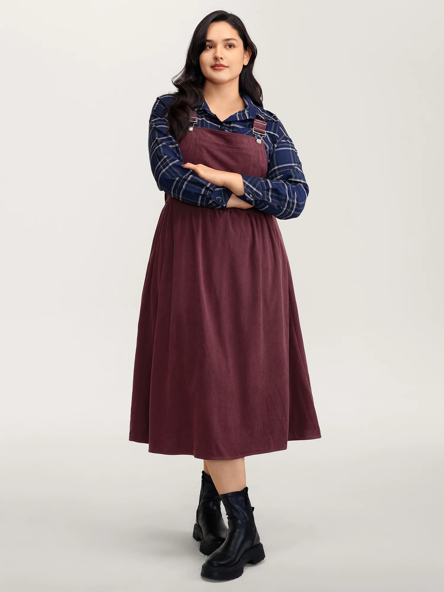 Corduroy Overall Straps Stretchy Back Midi Dress - Image 3