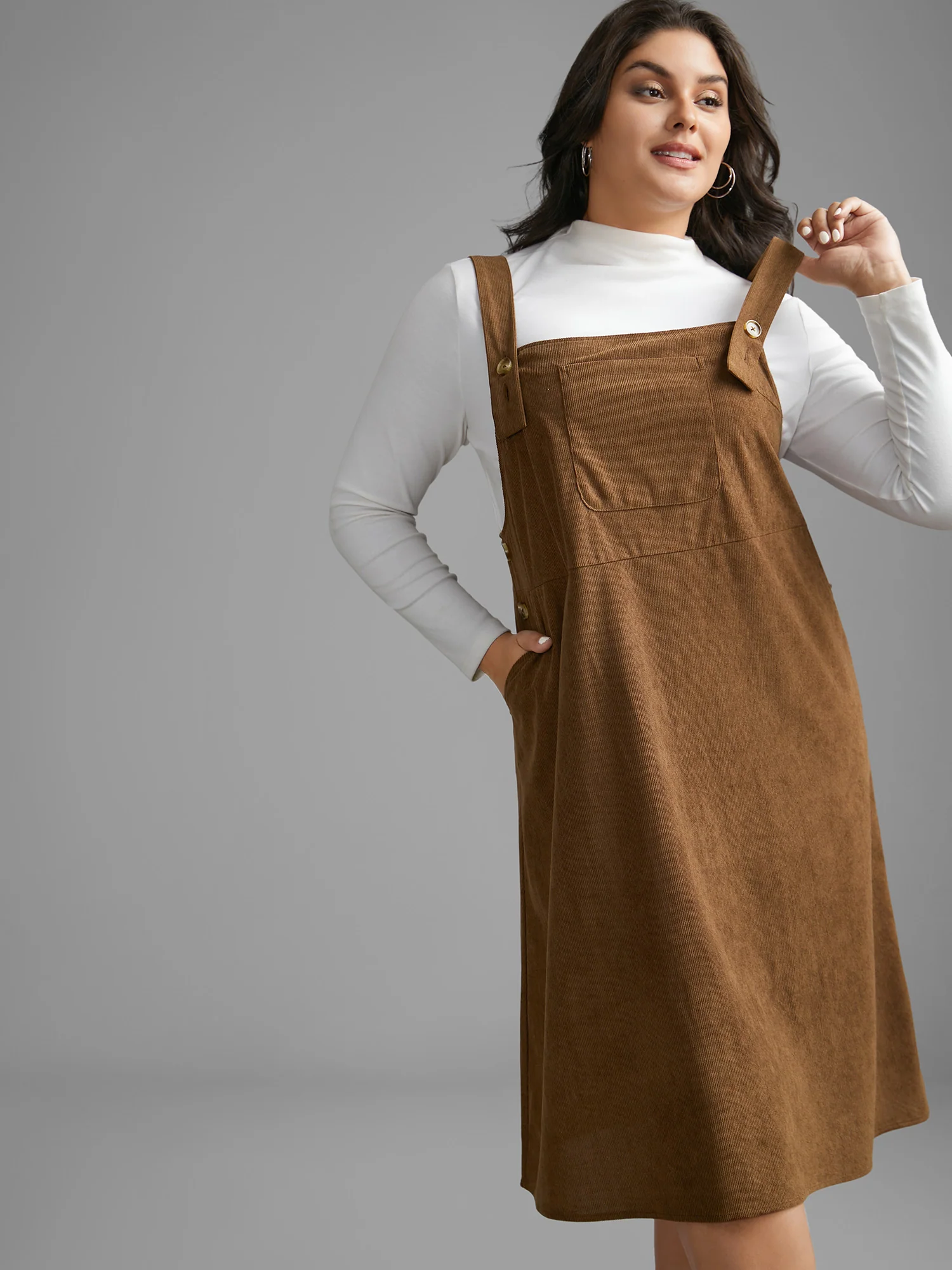 Corduroy Patched Pocket Button Detail Dress - Image 3