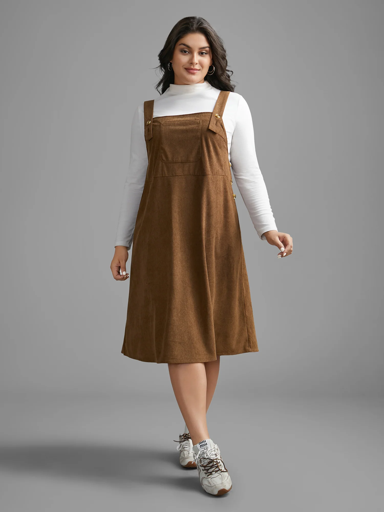 Corduroy Patched Pocket Button Detail Dress - Image 4
