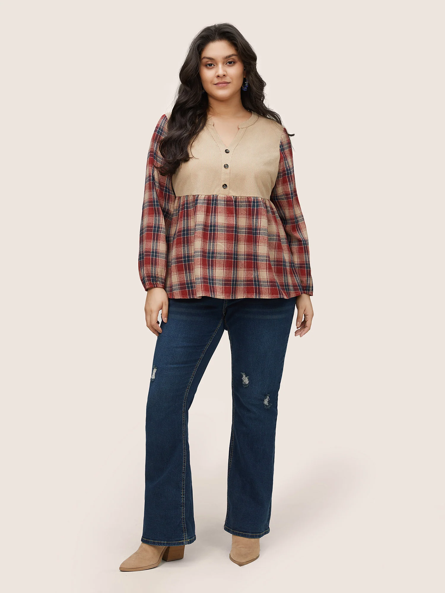 Corduroy Patchwork Plaid Notched Button Detail Blouse - Image 2