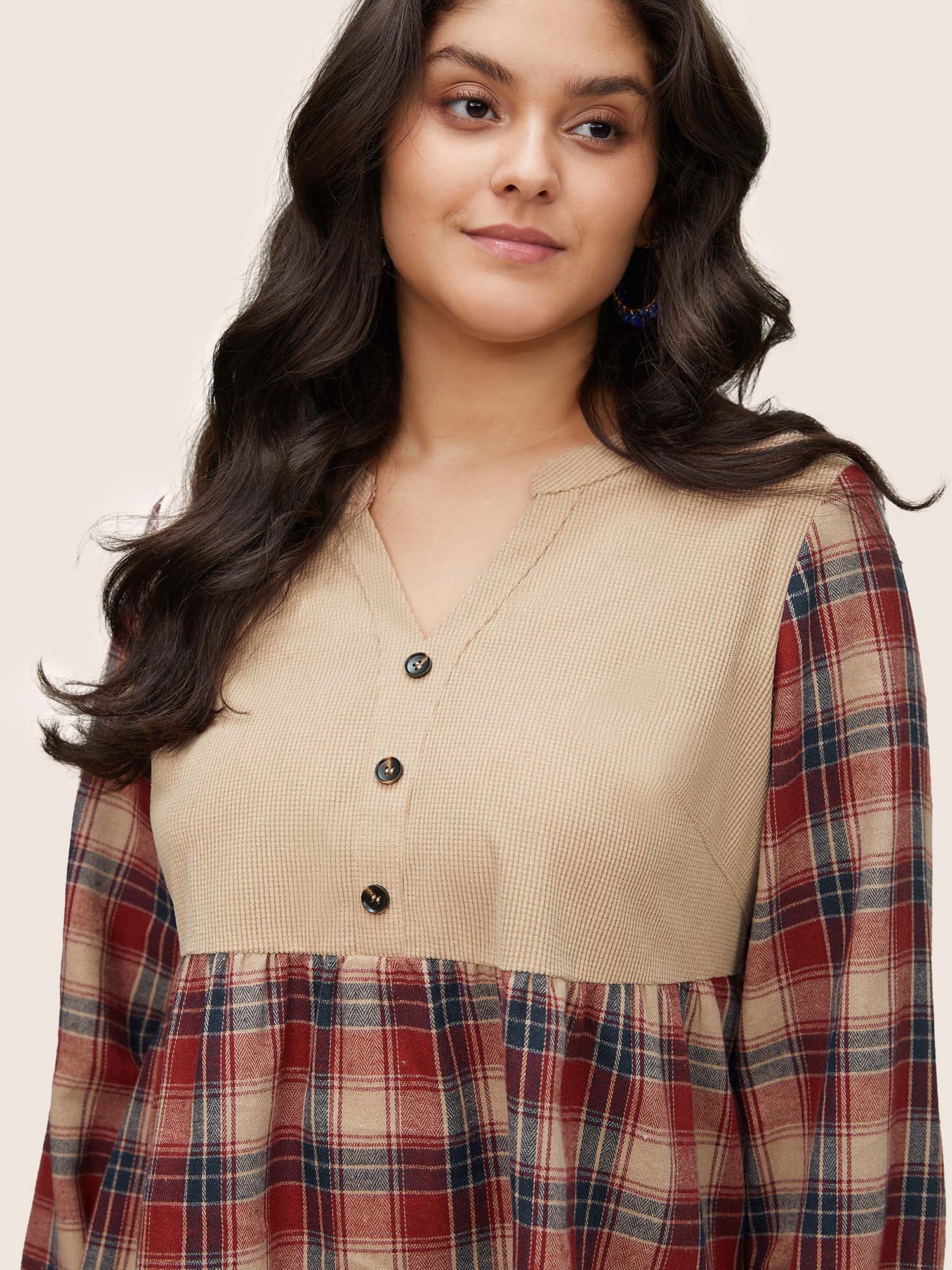 Corduroy Patchwork Plaid Notched Button Detail Blouse - Image 3